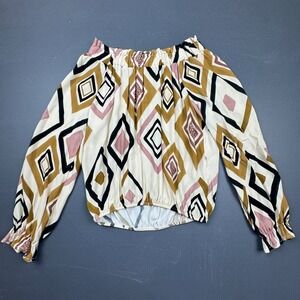 Dixie Women's L Cream Geometric Print Long Sleeve Off Shoulder Boho Blouse Top